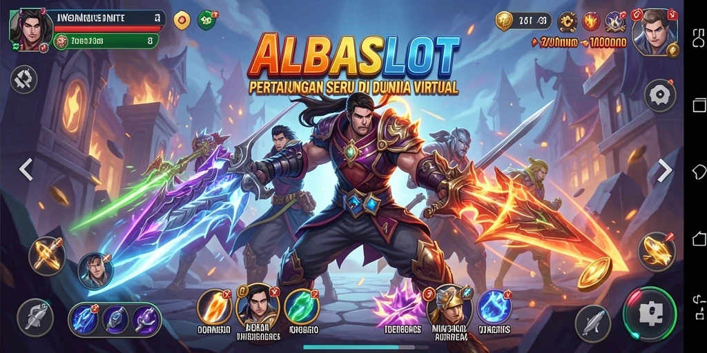 Screenshot gameplay <strong>ALBASLOT</strong> menampilkan pertarungan yang mendebarkan antara karakter dengan efek visual menawan.