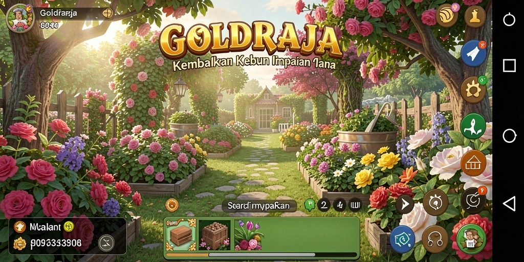 Screenshot gameplay GOLDRAJA yang menampilkan ladang subur dan interaksi pemain.