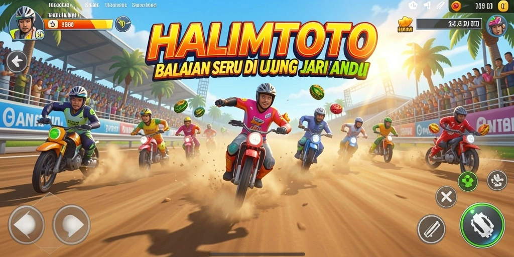 Tangkapan layar gameplay HALIMTOTO menampilkan balapan seru di trek menantang.