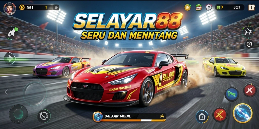 Gameplay balapan seru di SELAYAR88 dengan berbagai mobil dan trek.